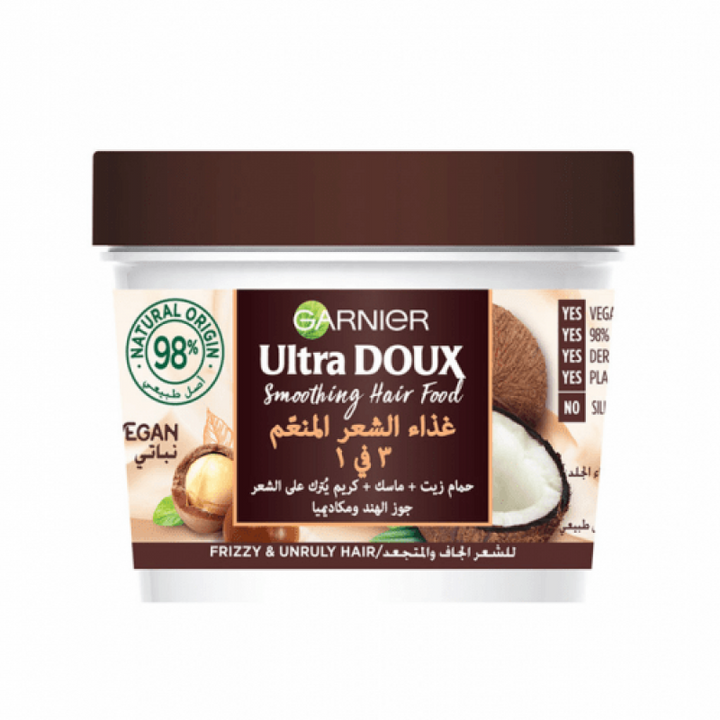 غارنييه - غذاء الشعر المنعم 3 في 1 بجوز الهند والماكاديميا للشعر الجاف والمتجعد الترا دو 390مل - منتج للعناية بالشعر - توب جيت