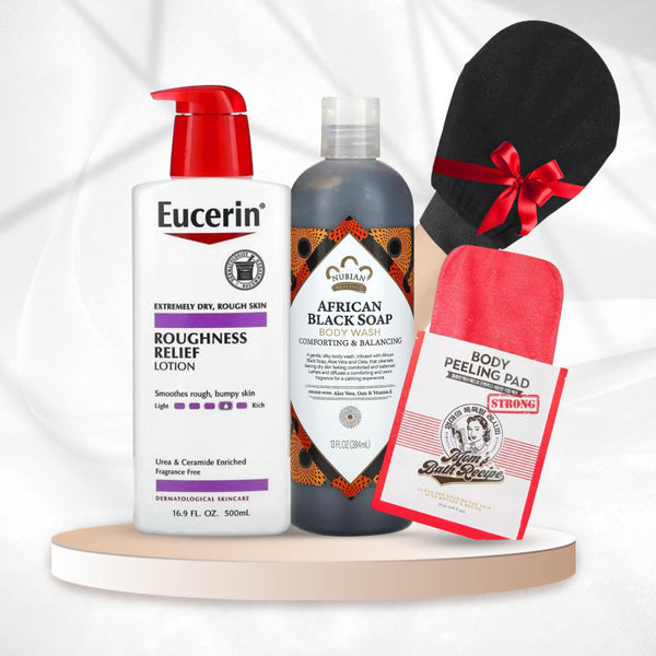 باقة العناية المكثفة بالجسم – ليفة مومز باث الكورية + غسول صابون أفريقي + لوشن يوسيرين + ليفة تقشير هدية