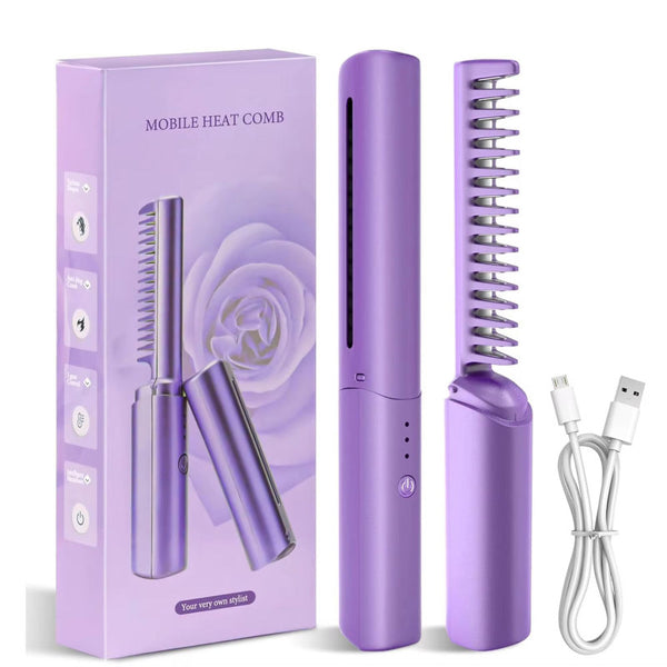 مكواة فرد الشعر الصغيرة القابلة لإعادة الشحن، فرشاة فرد الشعر المحمولة، مكواة فرد الشعر اللاسلكية من النوع C المضادة للحروق مع 3 درجات حرارة قابلة للتعديل لجميع أنواع الشعر